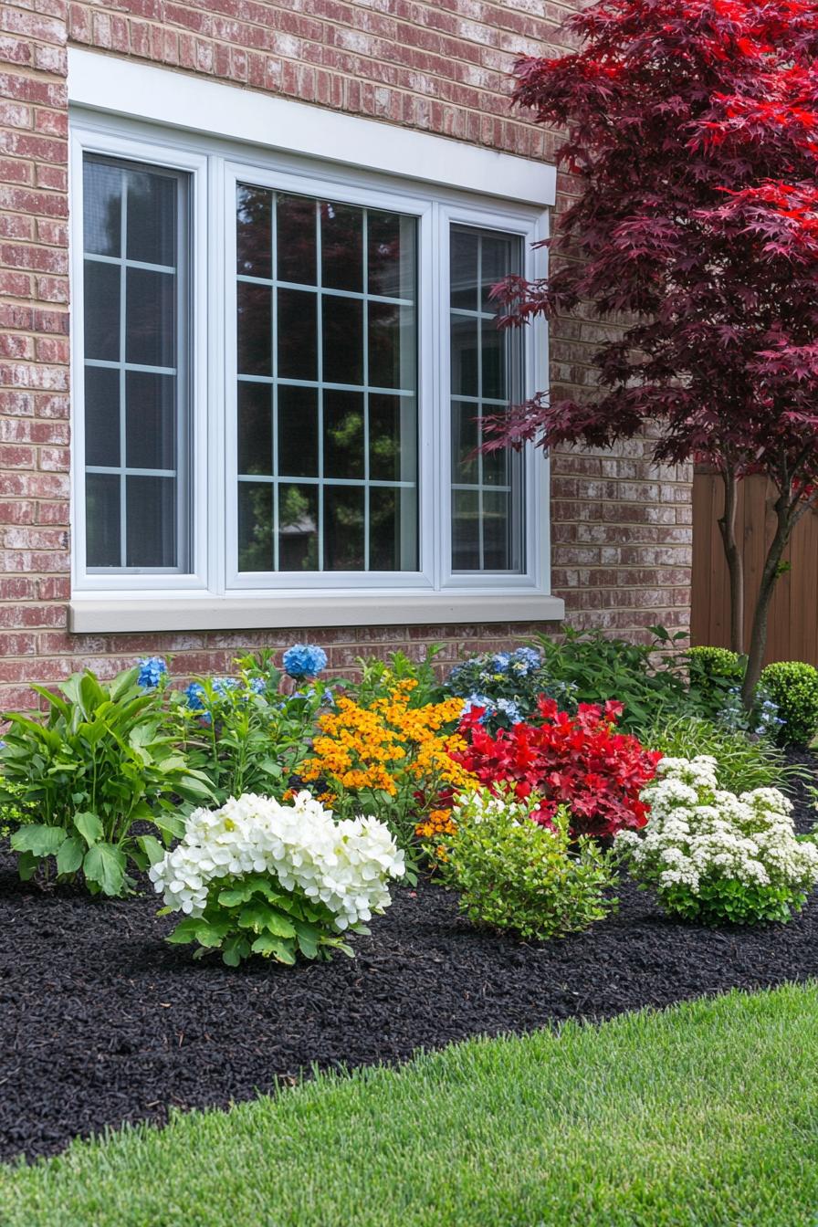 small flower garden in front of a brick cottage wall with large white window the garden is in a patch of dark mulch in green lawn it includes