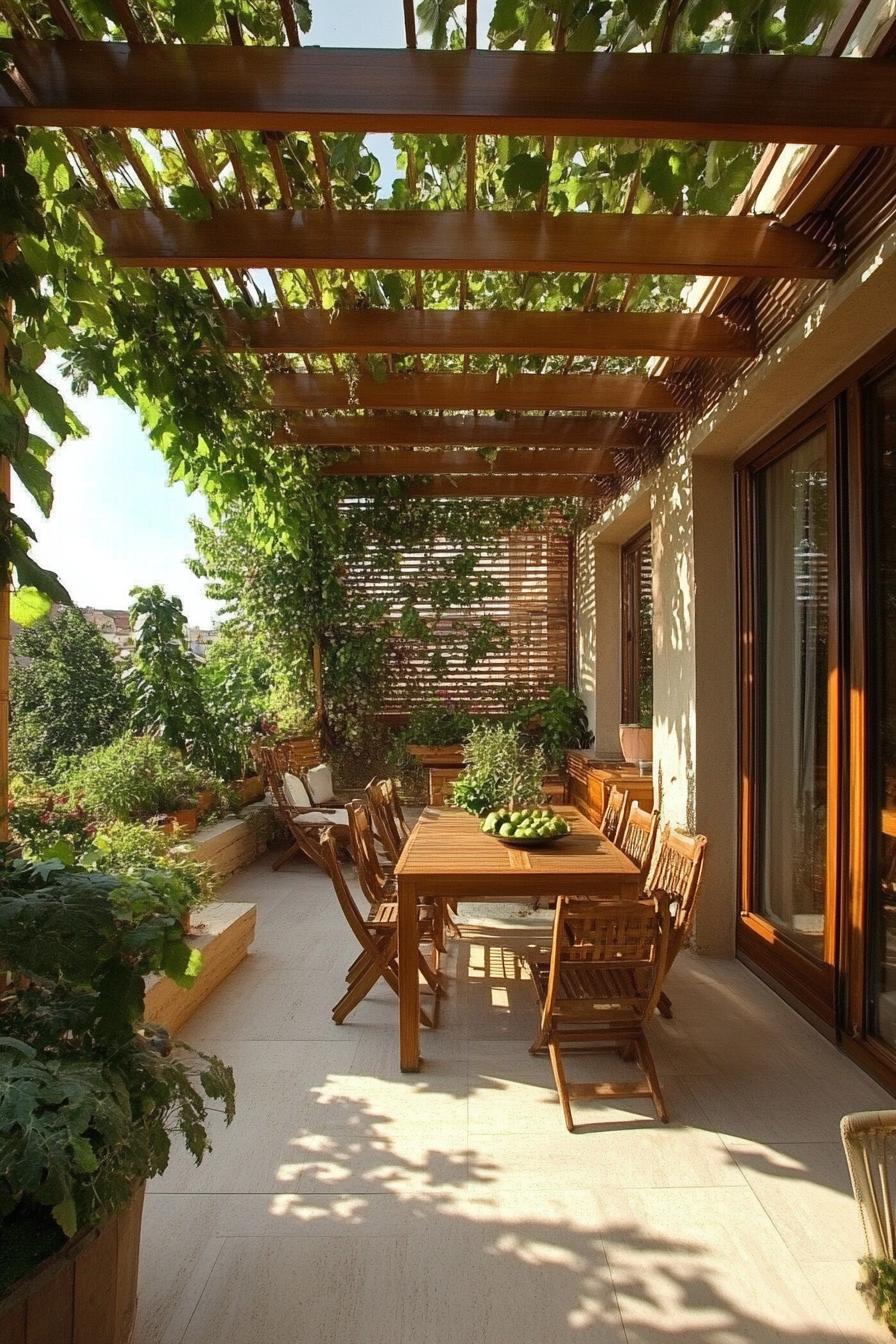 small modern patio with pergola cover in vines wooden furniture potted plants