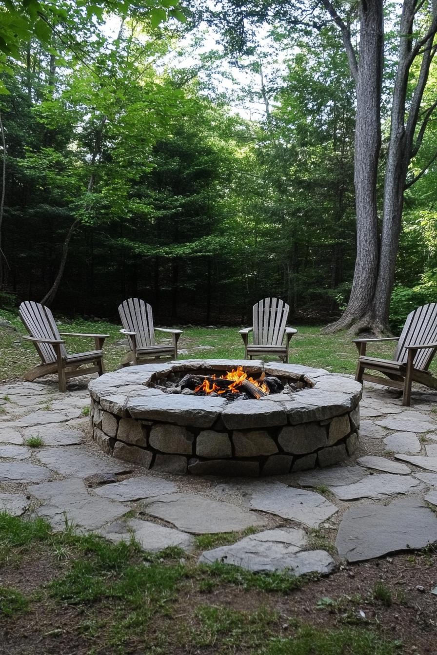 stone paved fire pit area round firepit made of stone adirondack chairs 1