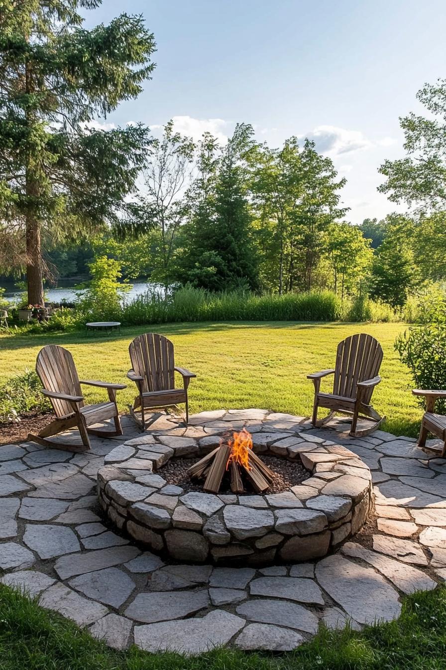 stone paved fire pit area round firepit made of stone adirondack chairs 2