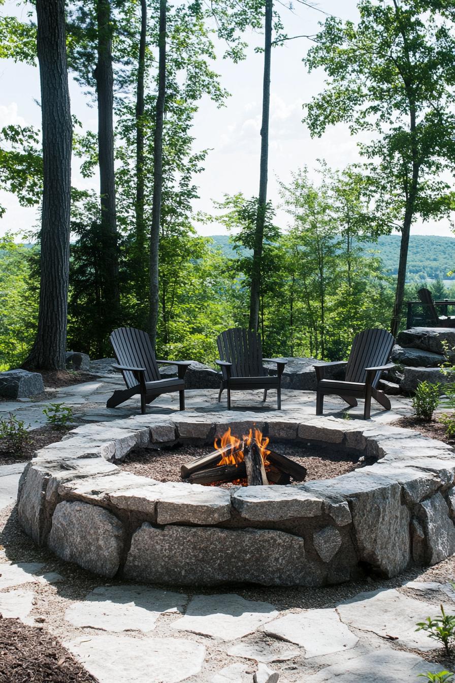 stone paved fire pit area round firepit made of stone adirondack chairs 3