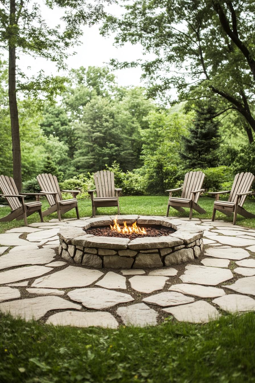 stone paved fire pit area round firepit made of stone adirondack chairs