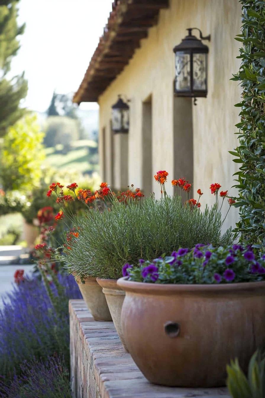 tuscan garden along a villa wall with large vintage planter pots with native plants 1