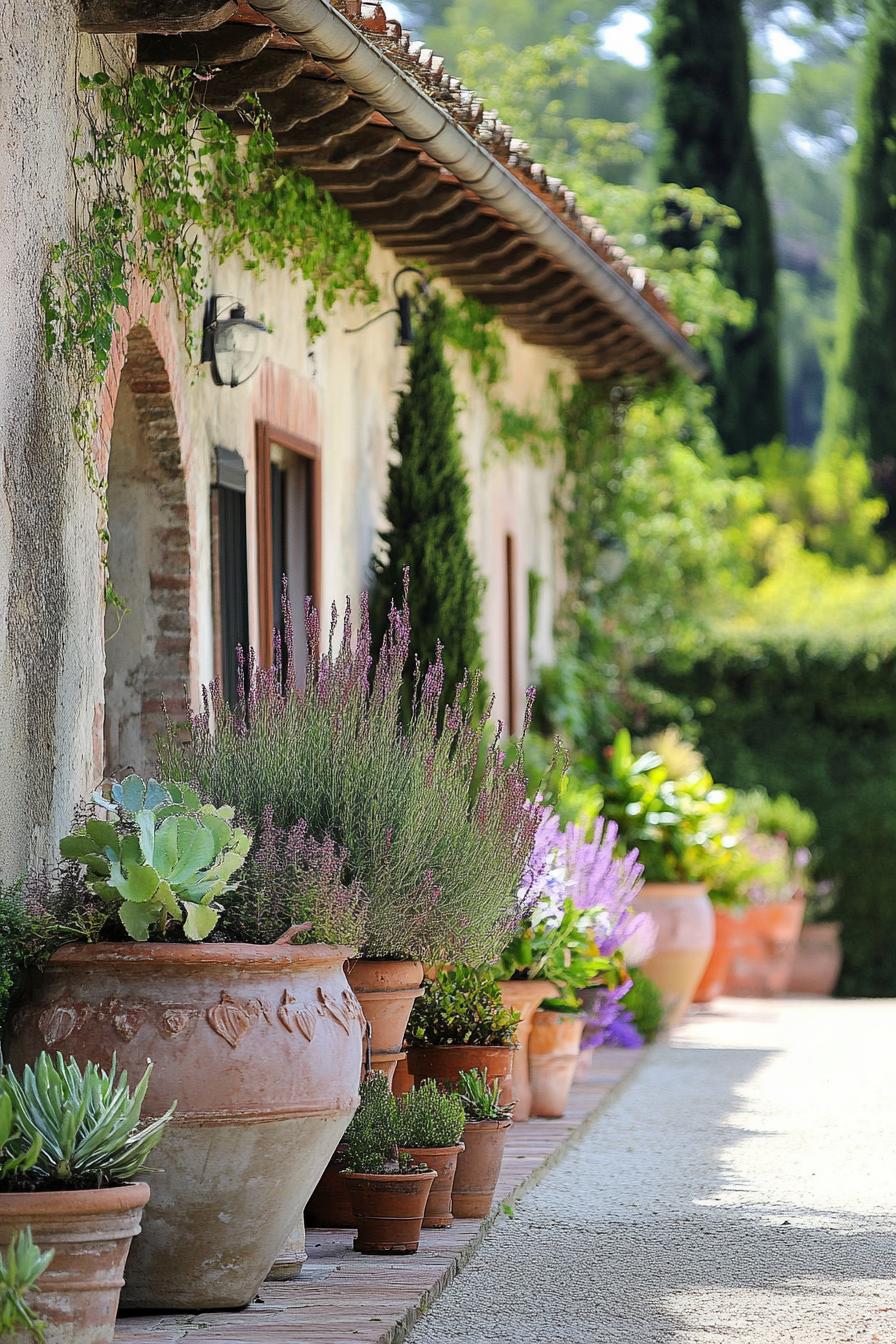 tuscan garden along a villa wall with large vintage planter pots with native plants 2