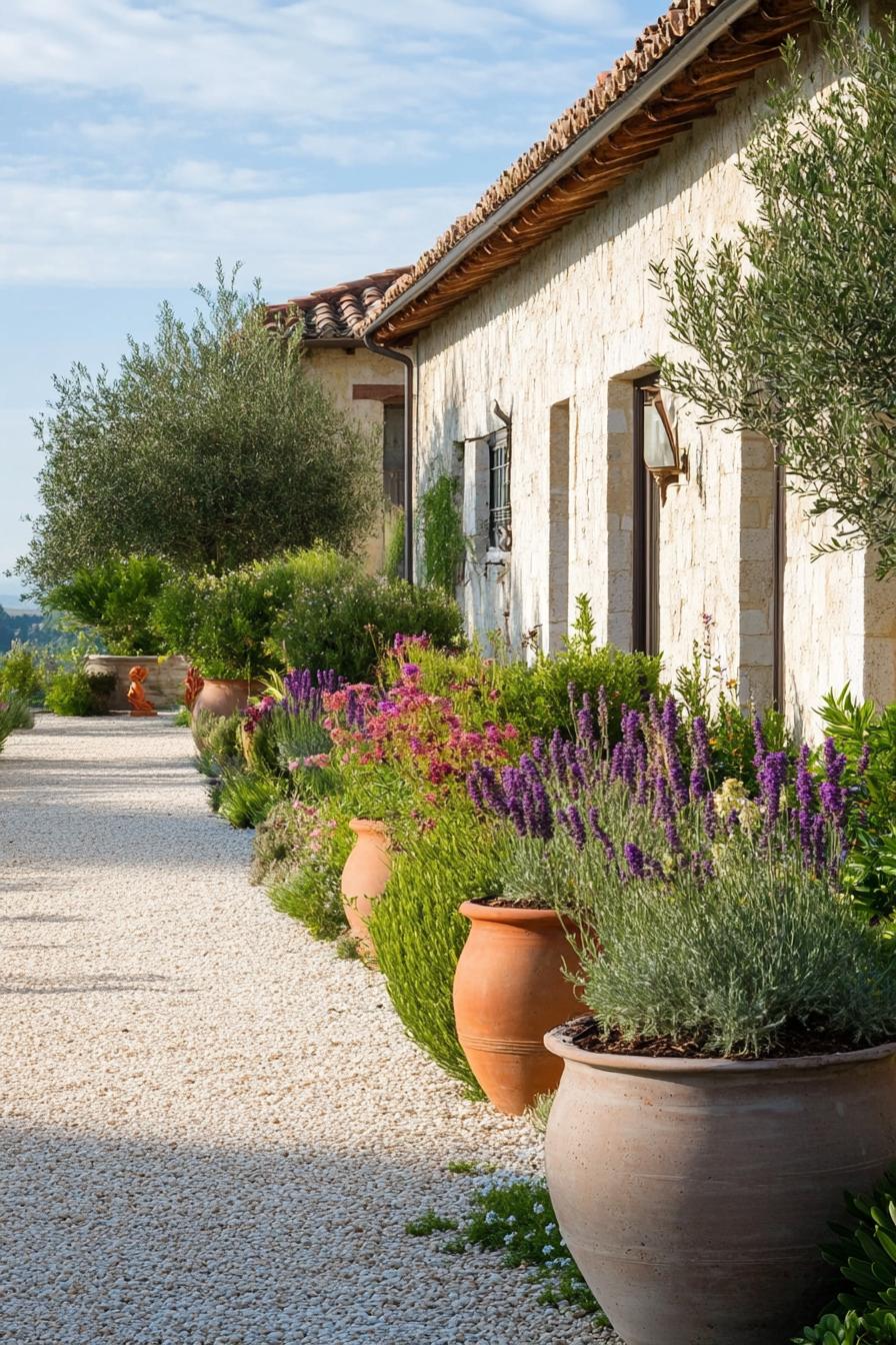 tuscan garden along a villa wall with large vintage planter pots with native plants 3