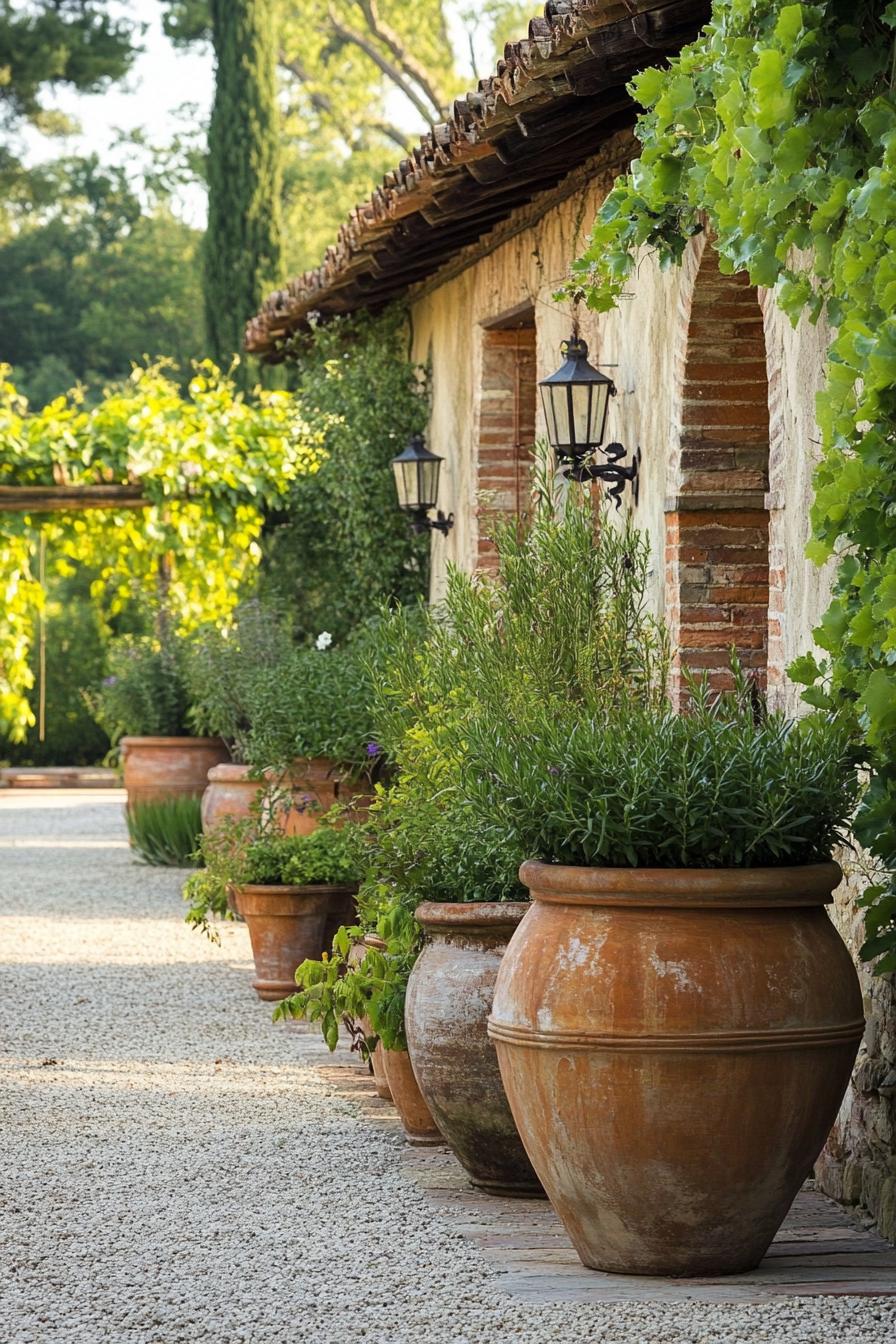 tuscan garden along a villa wall with large vintage planter pots with native plants