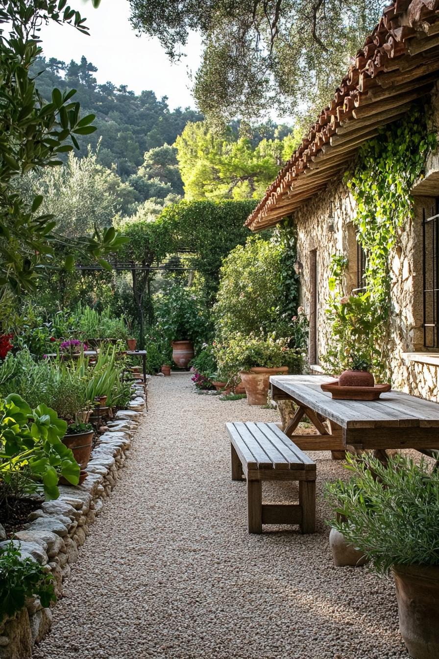 tuscan home backyard garden with gravel and paver stones native plants garden stone bench wall fencing 1