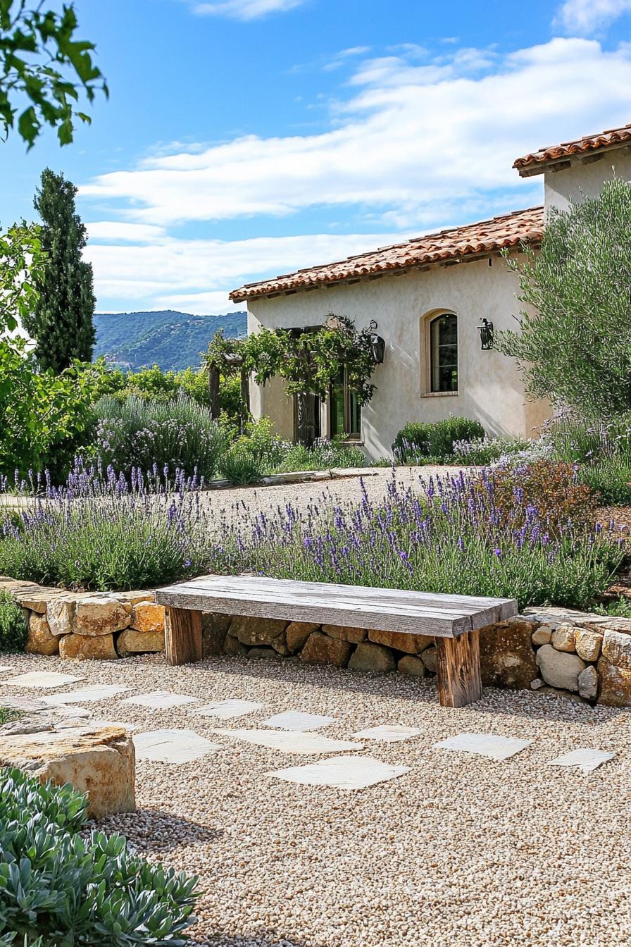 tuscan home backyard garden with gravel and paver stones native plants garden stone bench wall fencing 2