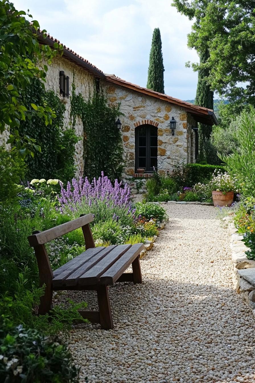 tuscan home backyard garden with gravel and paver stones native plants garden stone bench wall fencing