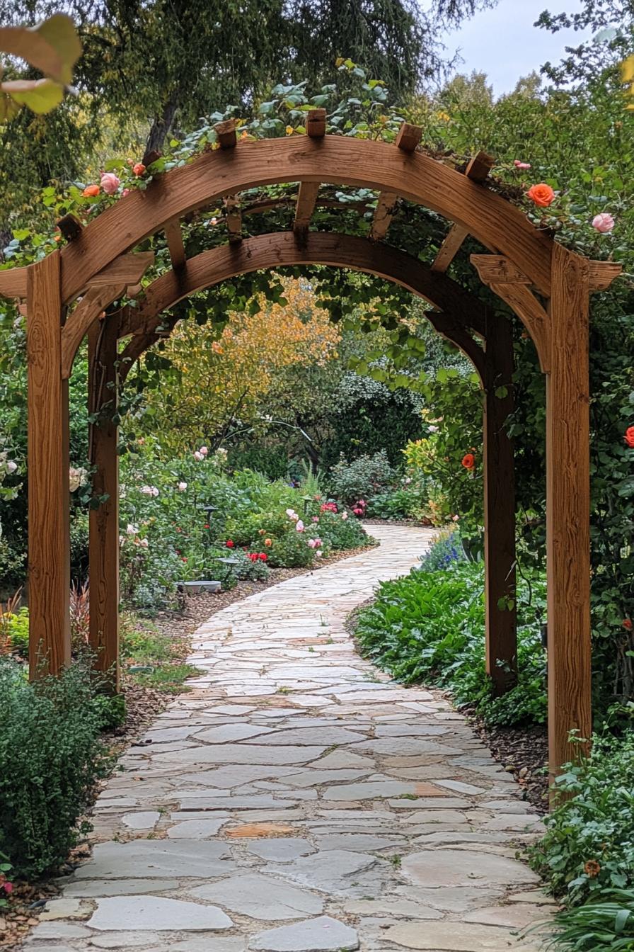 wooden arched arbor with vine roses entrance to the lush garden path paved with large stone tile 1