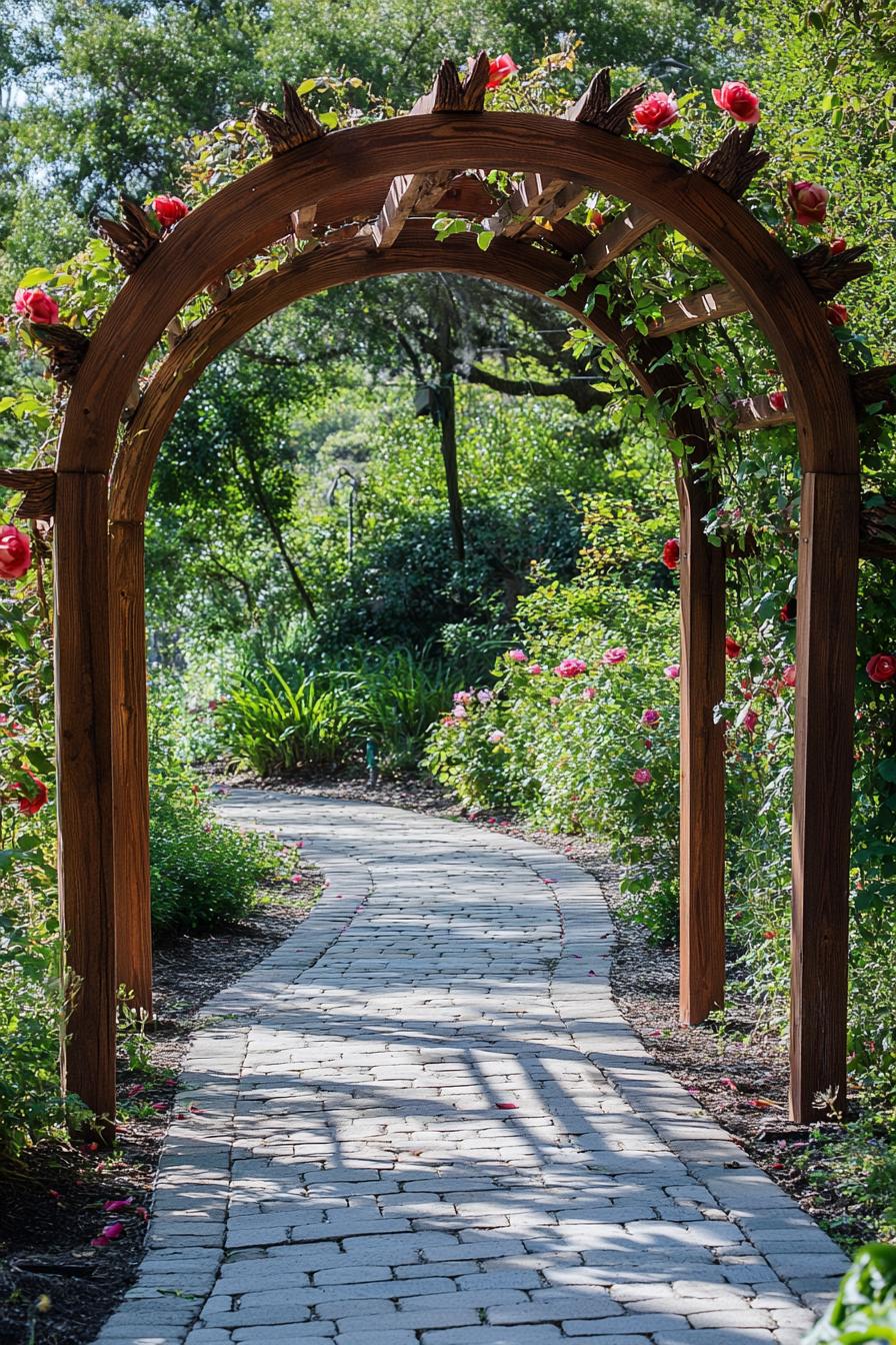 wooden arched arbor with vine roses entrance to the lush garden path paved with large stone tile 2