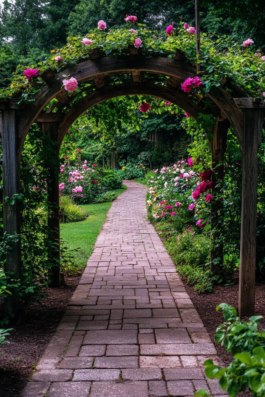 wooden arched arbor with vine roses entrance to the lush garden path paved with large stone tile 3