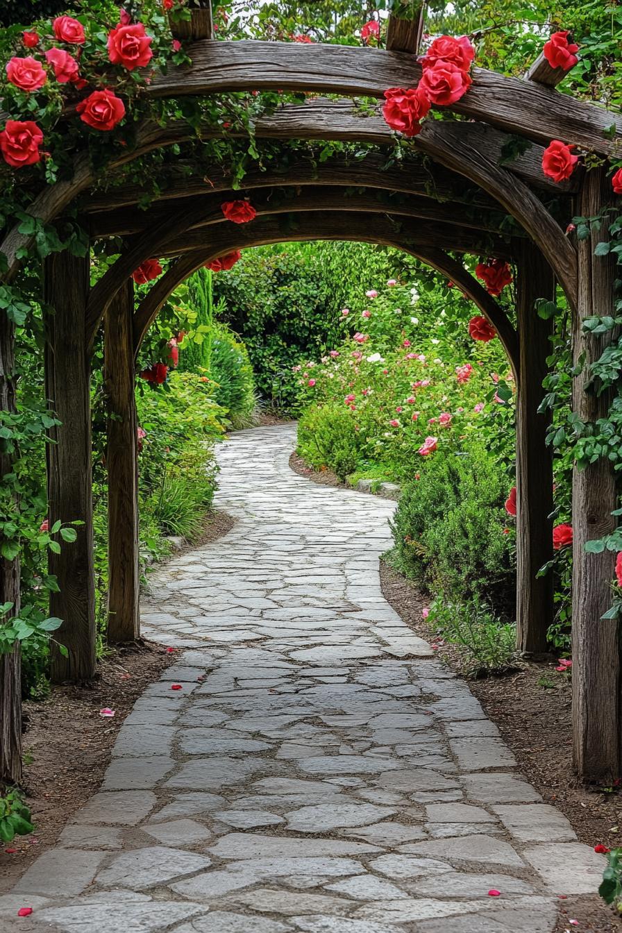 wooden arched arbor with vine roses entrance to the lush garden path paved with large stone tile