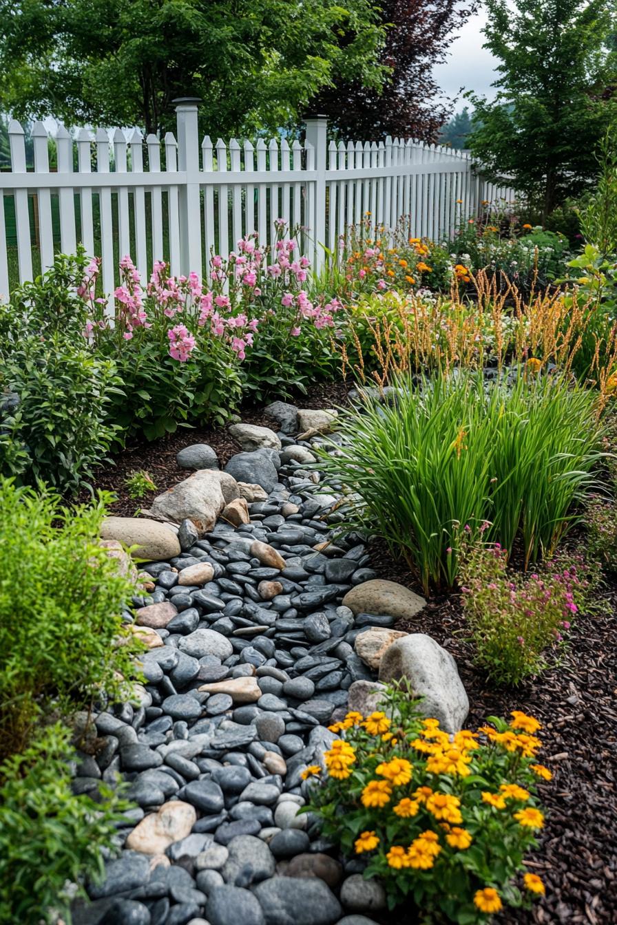 backyard garden fenced with picket fence big river rocks garden geometric design with mulch and flower bushes ornamental grasses trees