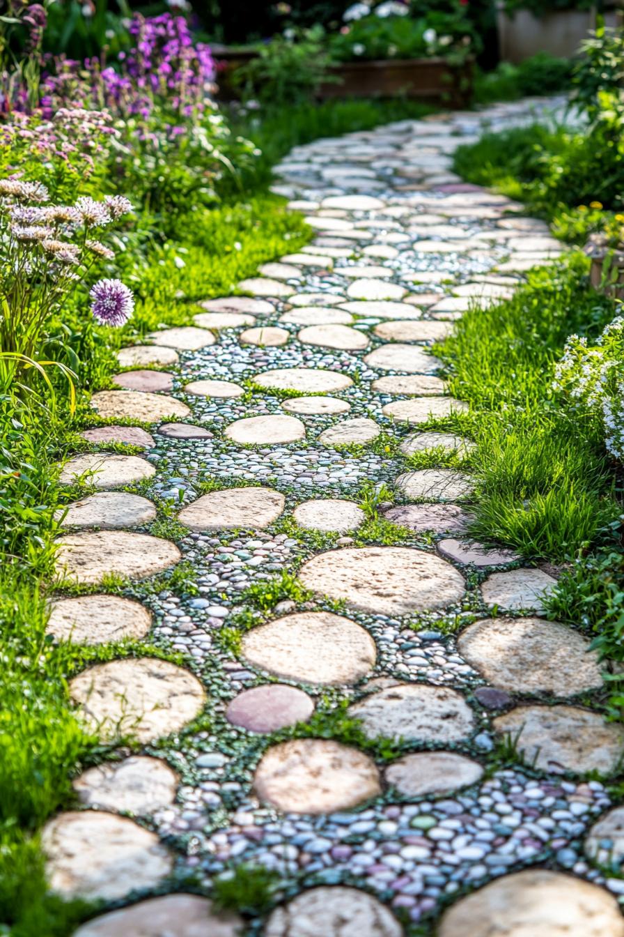 beautiful backyard garden with stone mosaic pathways there is grass and runner thyme in tiny blossoms growing between the stones of the path the 1