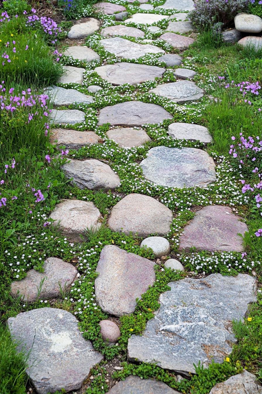 beautiful backyard garden with stone mosaic pathways there is grass and runner thyme in tiny blossoms growing between the stones of the path the 2