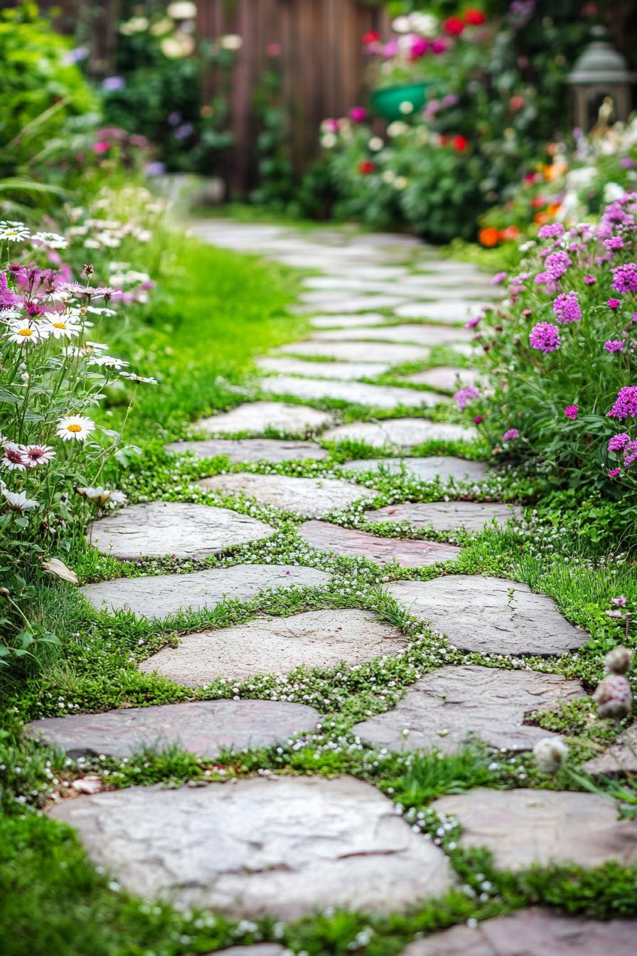 beautiful backyard garden with stone mosaic pathways there is grass and runner thyme in tiny blossoms growing between the stones of the path the 3