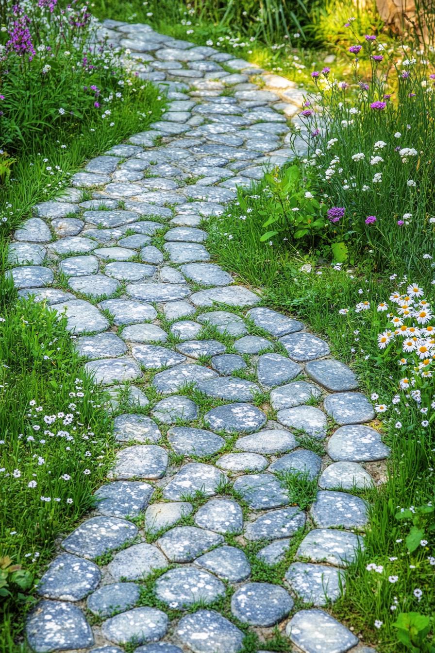 beautiful backyard garden with stone mosaic pathways there is grass and runner thyme in tiny blossoms growing between the stones of the path the