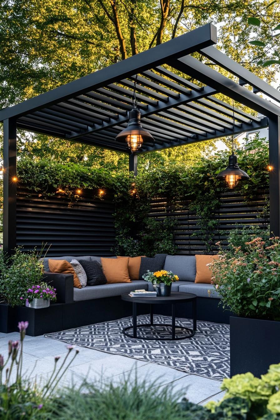 black metal small modern pergola in a corner of a modern house wall and slatted tall fence pergoal with climber plants under it is a modern corner 1