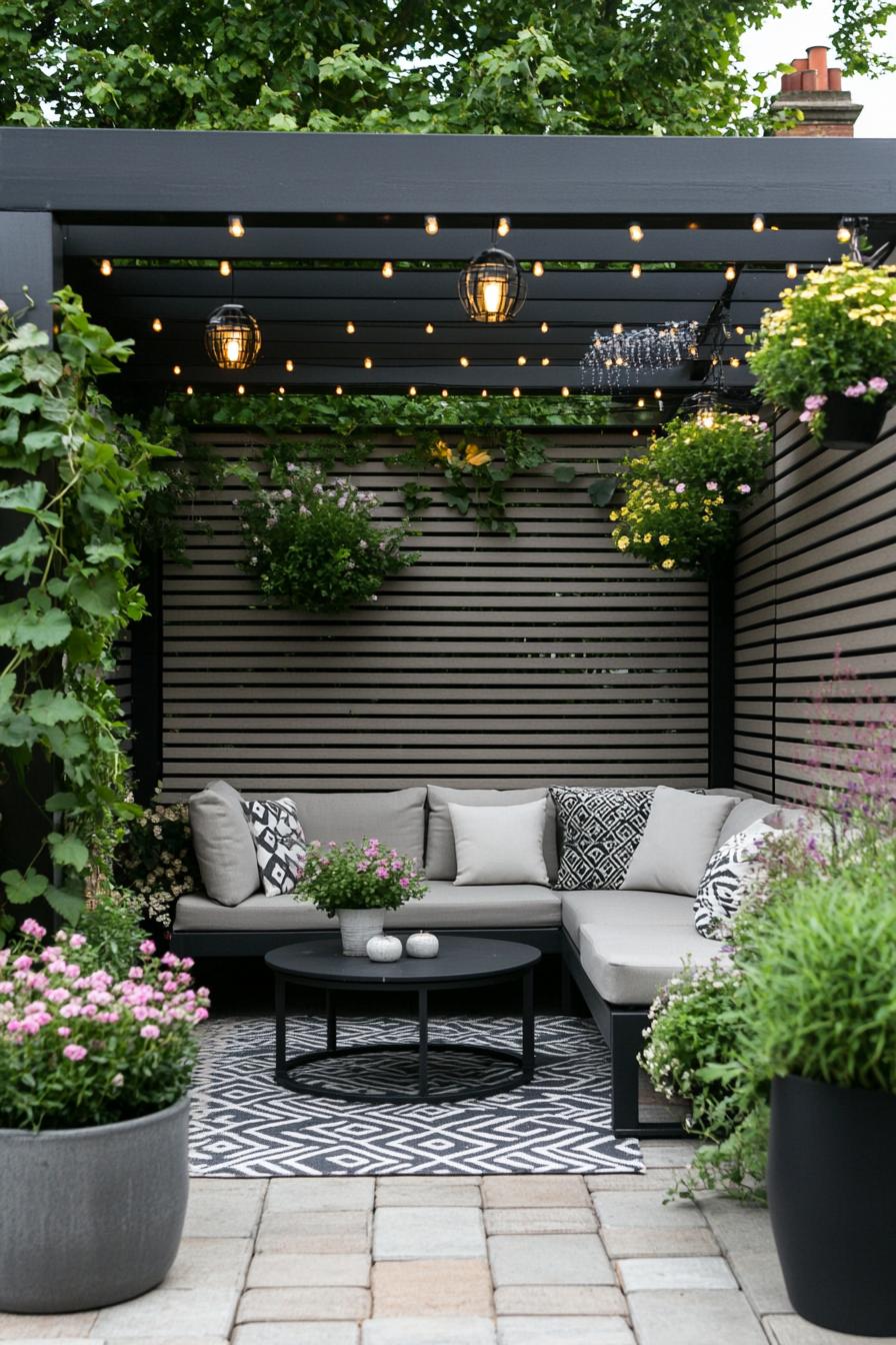 black metal small modern pergola in a corner of a modern house wall and slatted tall fence pergoal with climber plants under it is a modern corner 2