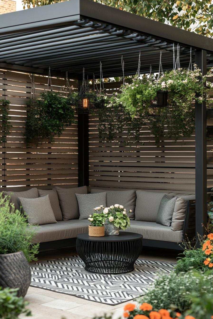 black metal small modern pergola in a corner of a modern house wall and slatted tall fence pergoal with climber plants under it is a modern corner 3