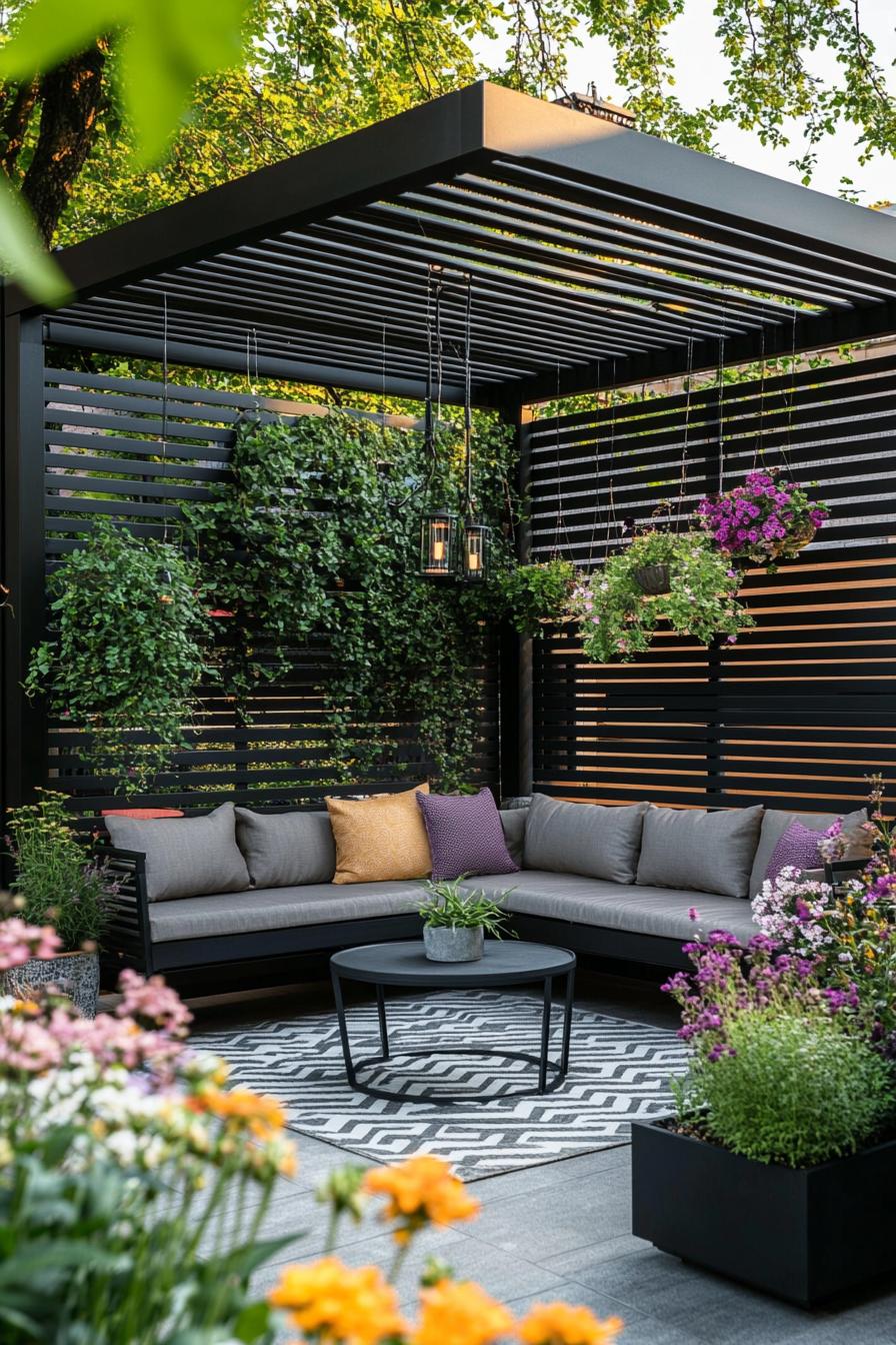 black metal small modern pergola in a corner of a modern house wall and slatted tall fence pergoal with climber plants under it is a modern corner