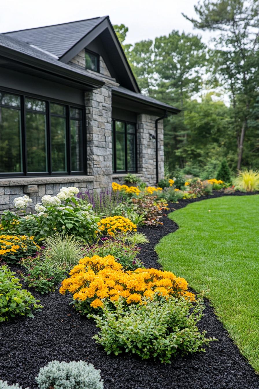 flower garden in front of a modern cottage in stone mosaic siding the garden is in dark mulch bordered with green lawn flowers include yellow 1