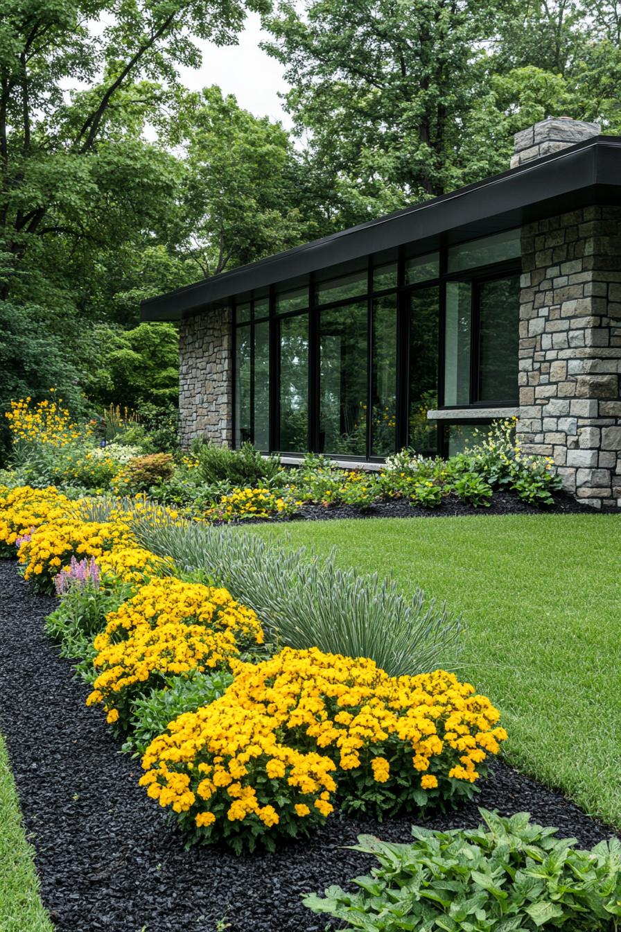 flower garden in front of a modern cottage in stone mosaic siding the garden is in dark mulch bordered with green lawn flowers include yellow 2