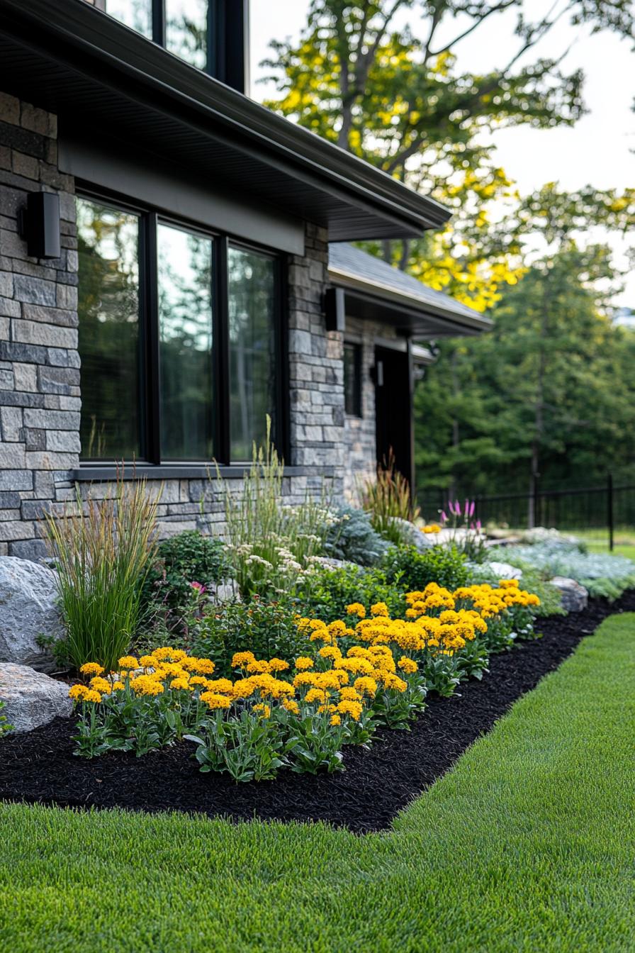 flower garden in front of a modern cottage in stone mosaic siding the garden is in dark mulch bordered with green lawn flowers include yellow 3