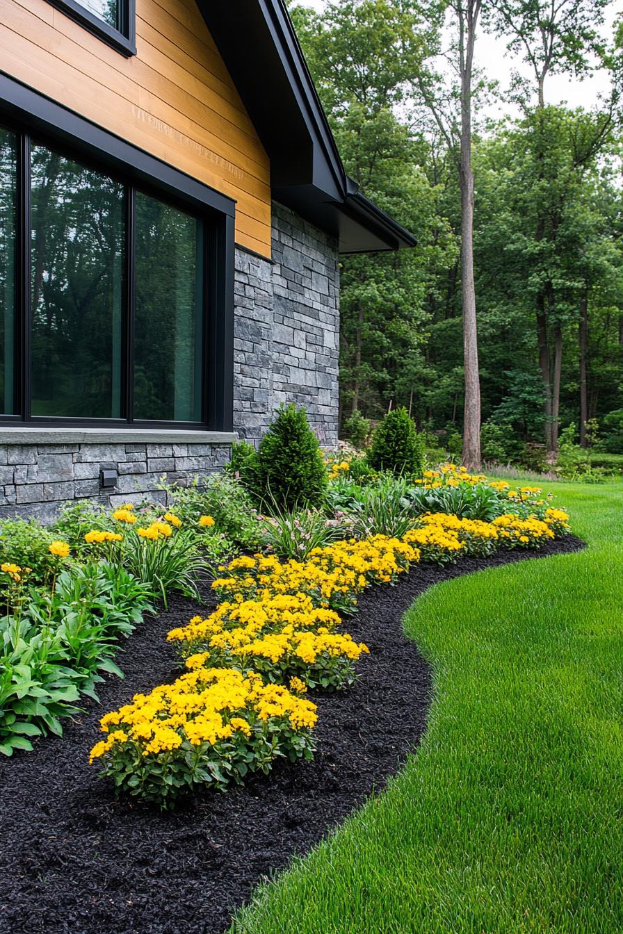 flower garden in front of a modern cottage in stone mosaic siding the garden is in dark mulch bordered with green lawn flowers include yellow