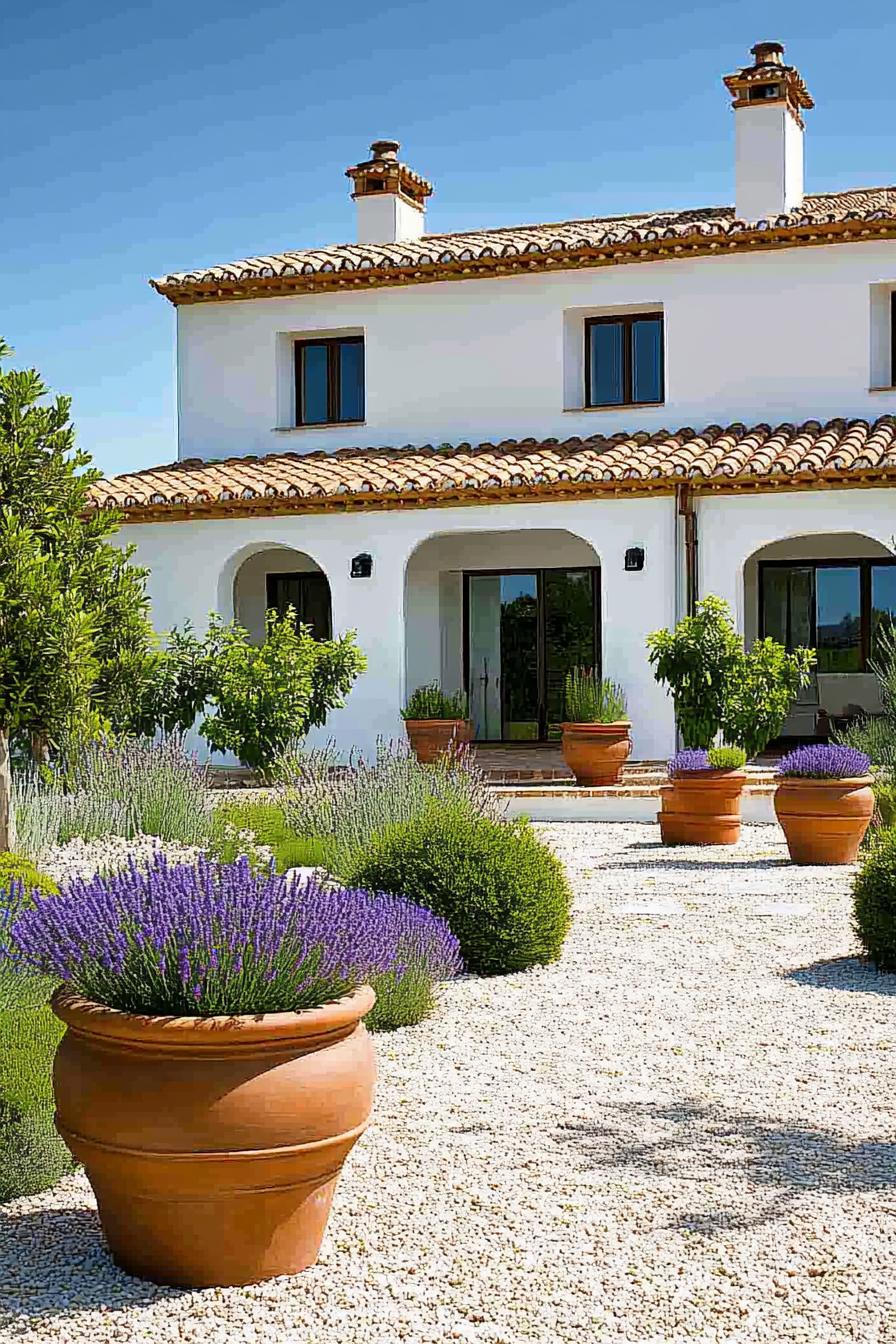 mediterranean landscape in front of a white villa with barrel tile roof the front yard is in geometric layout gravel paths large clay pots with 1