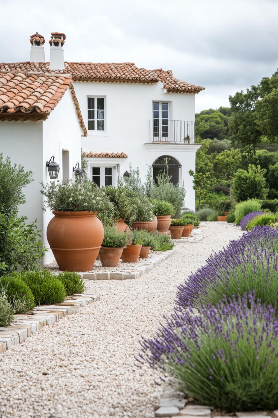 mediterranean landscape in front of a white villa with barrel tile roof the front yard is in geometric layout gravel paths large clay pots with 2