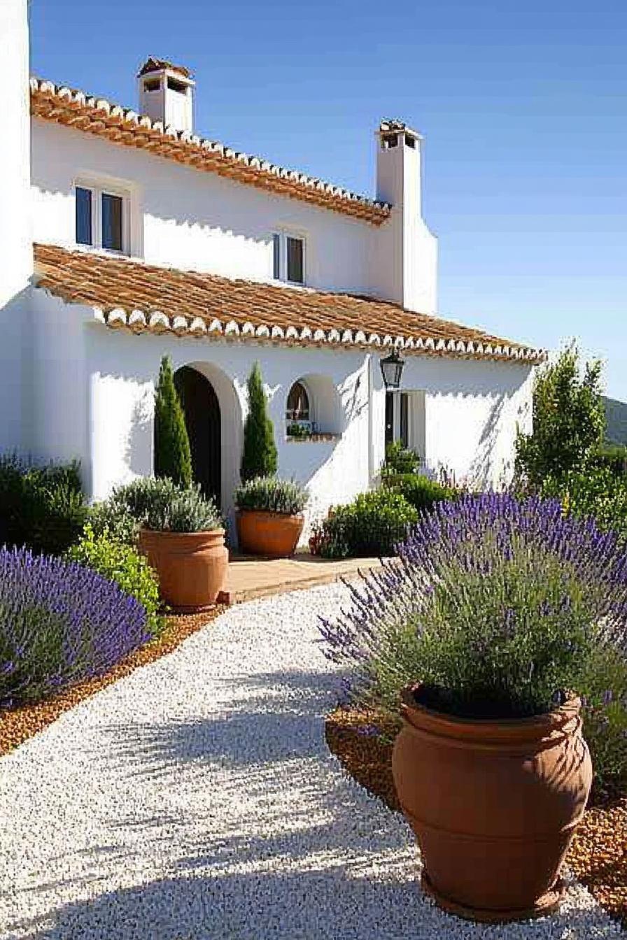 mediterranean landscape in front of a white villa with barrel tile roof the front yard is in geometric layout gravel paths large clay pots with 3