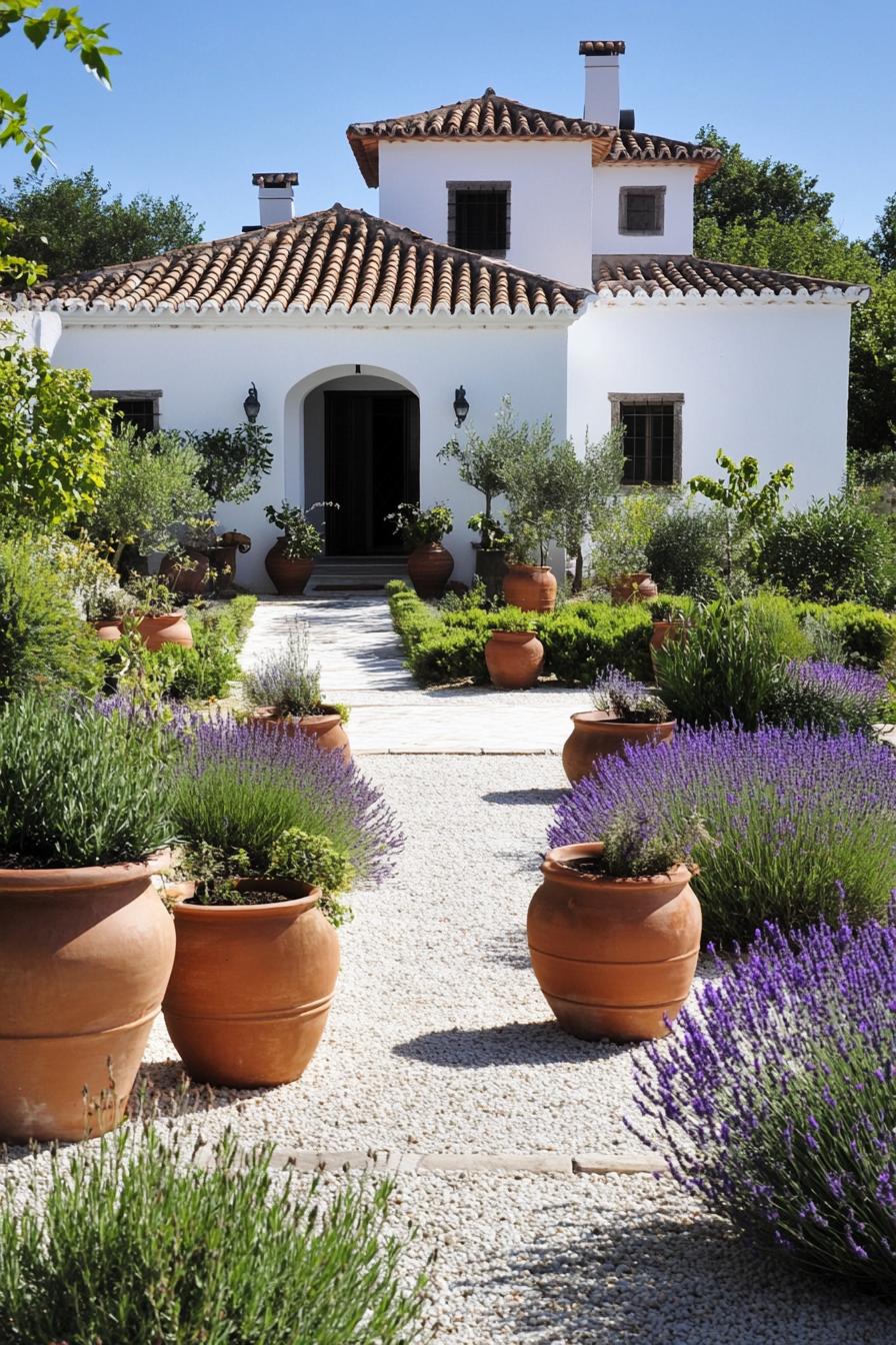 mediterranean landscape in front of a white villa with barrel tile roof the front yard is in geometric layout gravel paths large clay pots with