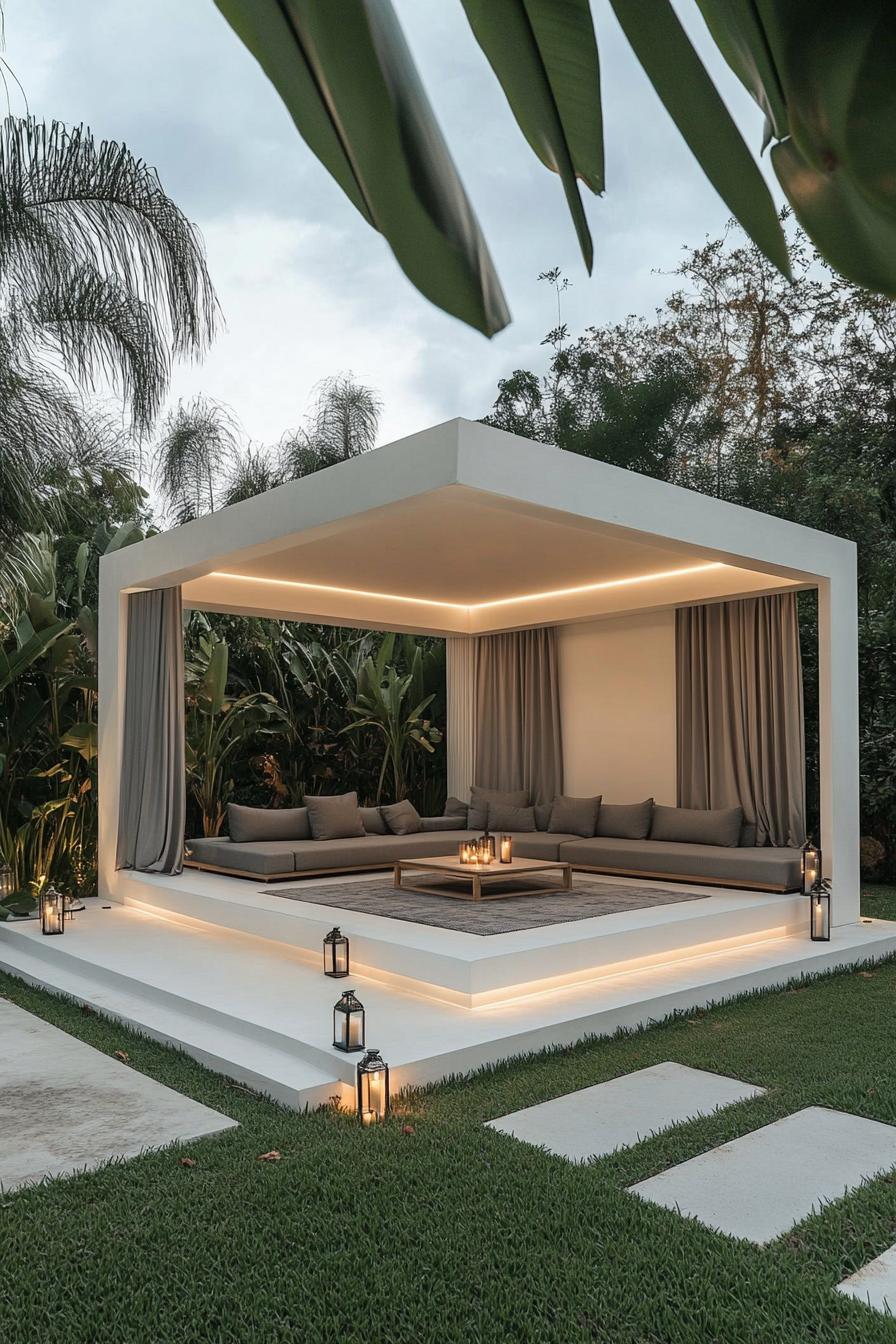 minimalist modern backyard gazebo made of white panels the ceiling has LED lighting the white concrete floor has steps with LED lighting inside are 1