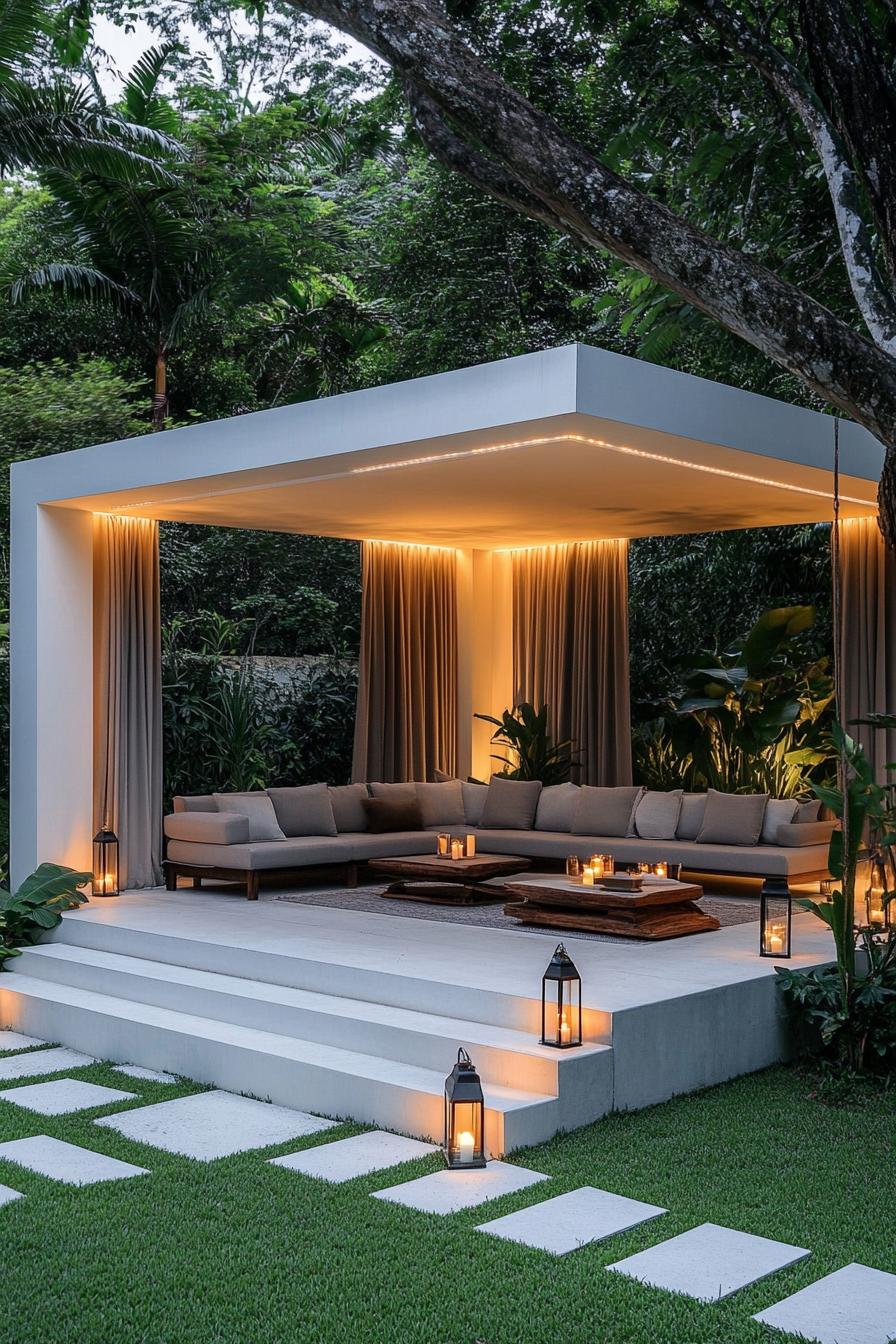 minimalist modern backyard gazebo made of white panels the ceiling has LED lighting the white concrete floor has steps with LED lighting inside are 2