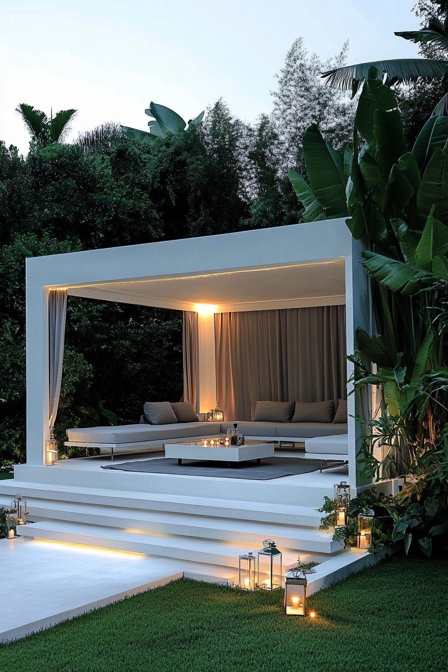 minimalist modern backyard gazebo made of white panels the ceiling has LED lighting the white concrete floor has steps with LED lighting inside are 3