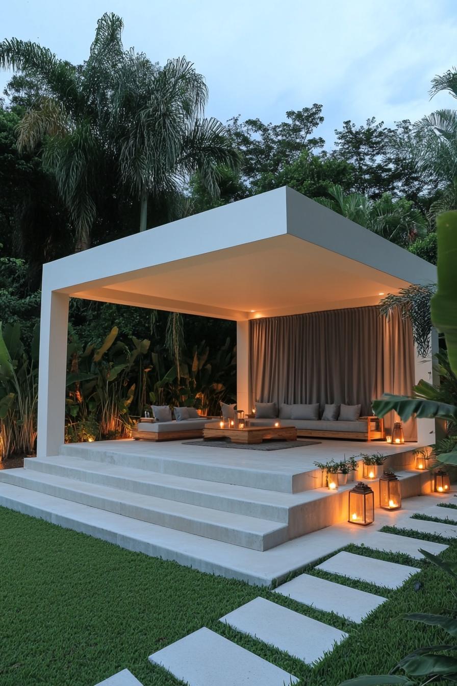 minimalist modern backyard gazebo made of white panels the ceiling has LED lighting the white concrete floor has steps with LED lighting inside are