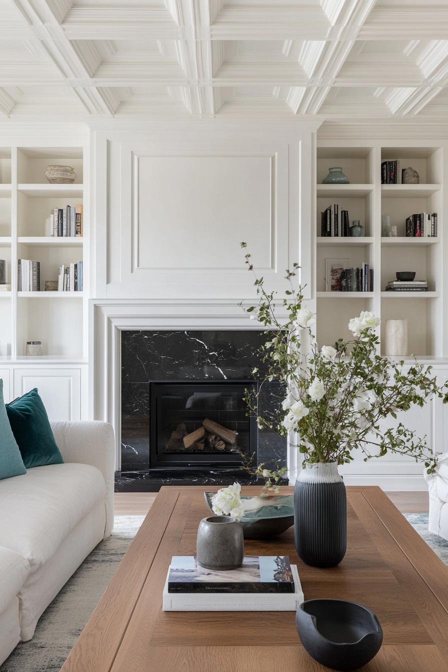 modern farmhouse living room with white walls and ceiling grown molding black marble fireplace builtin bookcases white sofas with teal and white