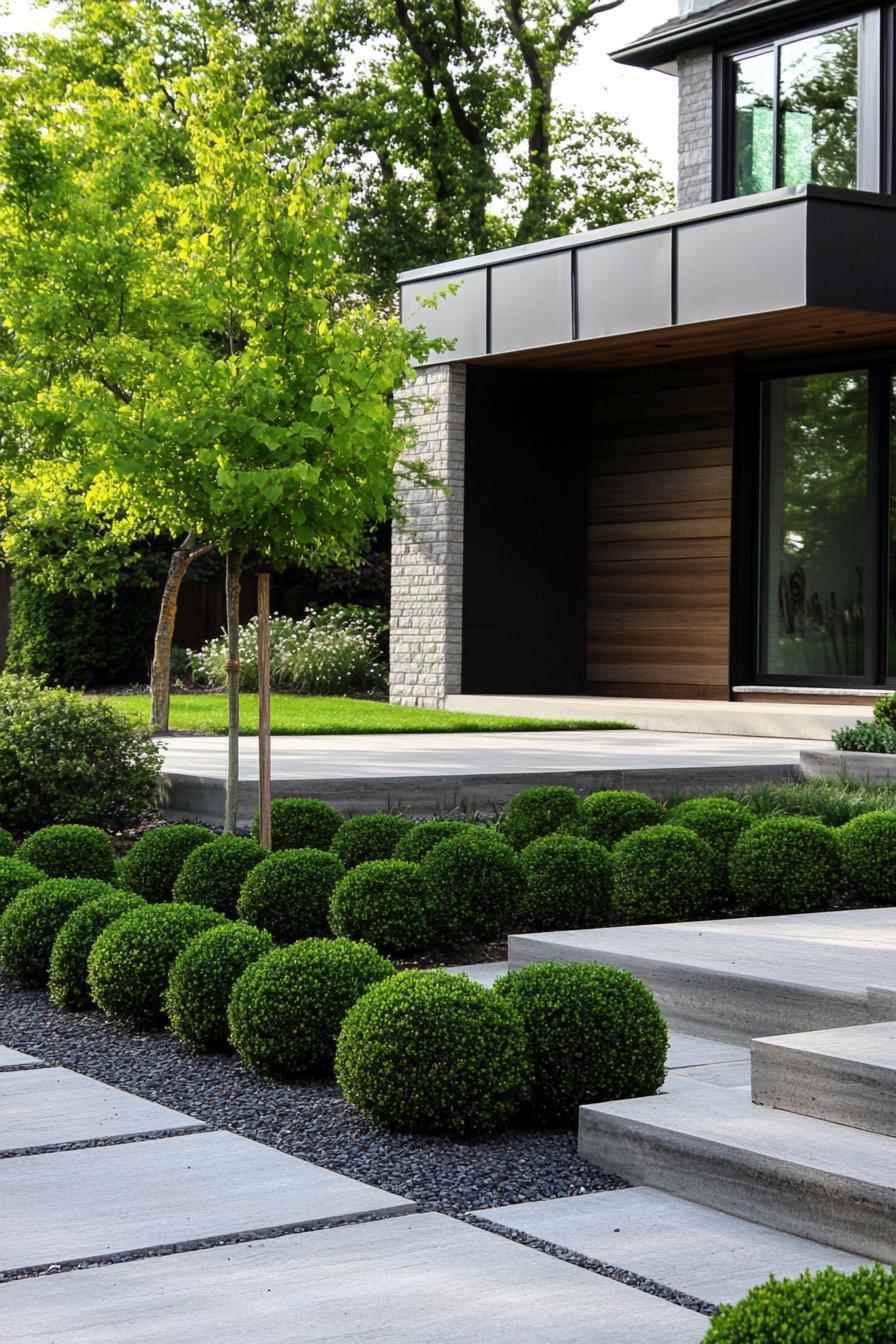 modern house front yard with boxwood borders 1