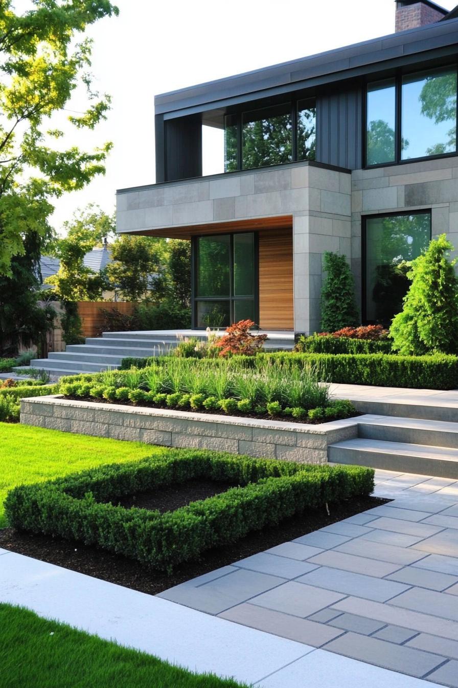 modern house front yard with boxwood borders 2