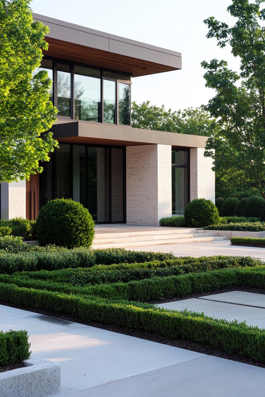 modern house front yard with boxwood borders 3