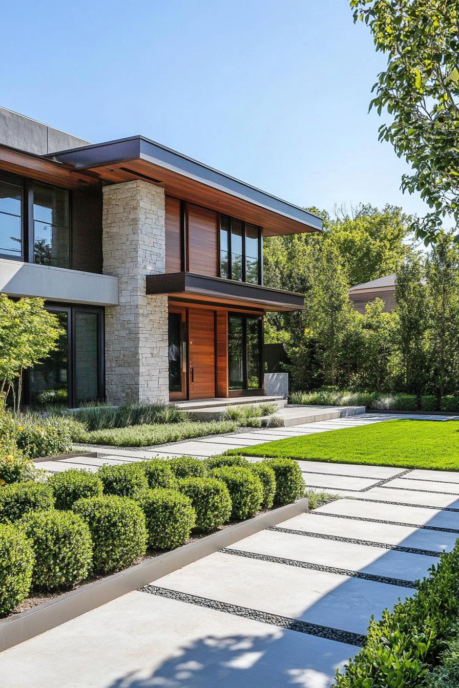 modern house front yard with boxwood borders