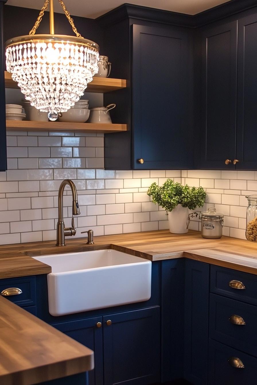 modoern kitchen with navy blue cabinets wooden countertop white apron sink metallic cabinet hardware crystal lamp pendant subway tile backsplash