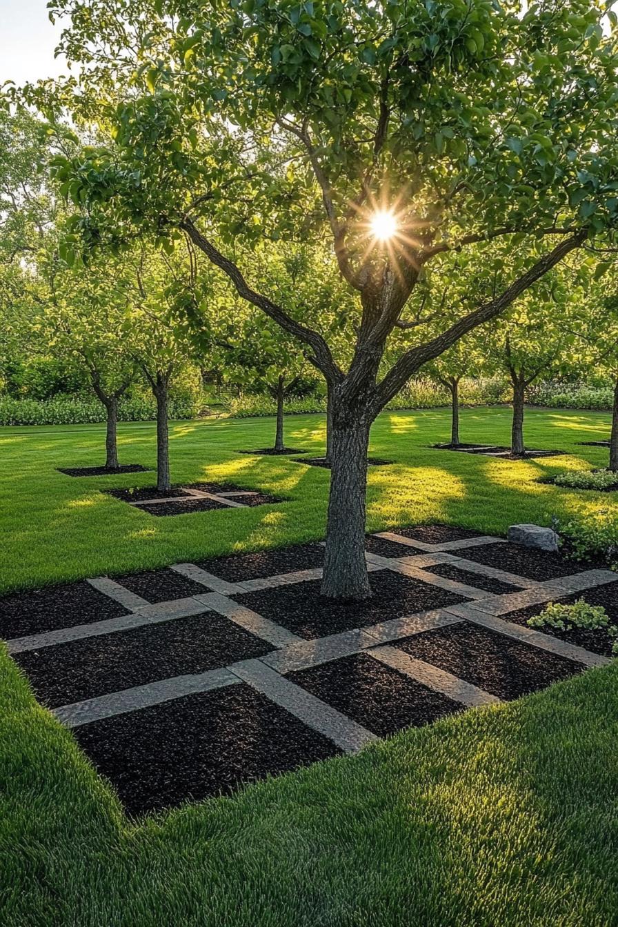 orchard garden layout with green lawn and many symmetrically squared off paver brimmed dark mulch squares with an apple tree planted in each square 1