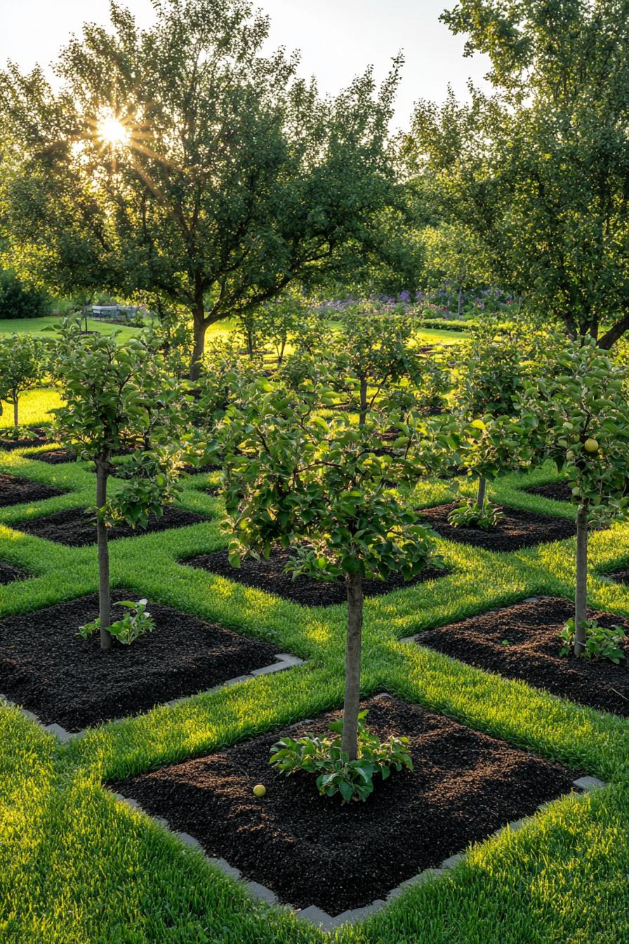 orchard garden layout with green lawn and many symmetrically squared off paver brimmed dark mulch squares with an apple tree planted in each square