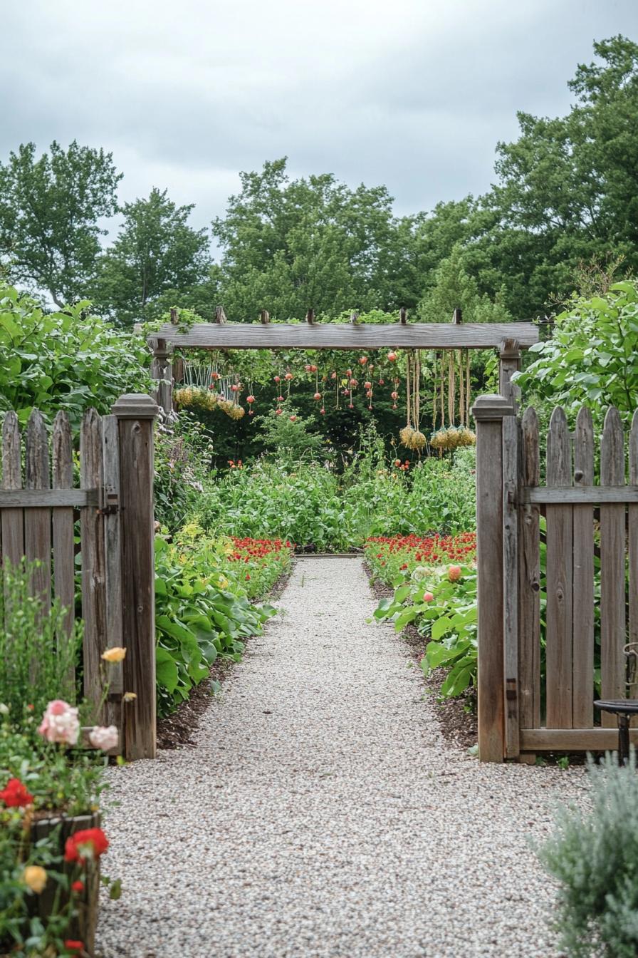 organic vegetable garden surrounded by a wooden fence and trellis theres a wooden entrance gate the garden is gravel with a symmetric layout of 1