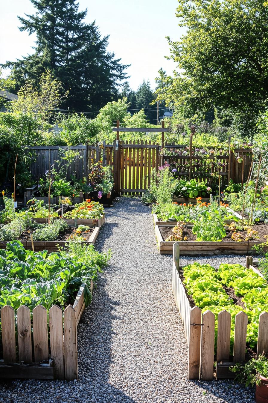 organic vegetable garden surrounded by a wooden fence and trellis theres a wooden entrance gate the garden is gravel with a symmetric layout of