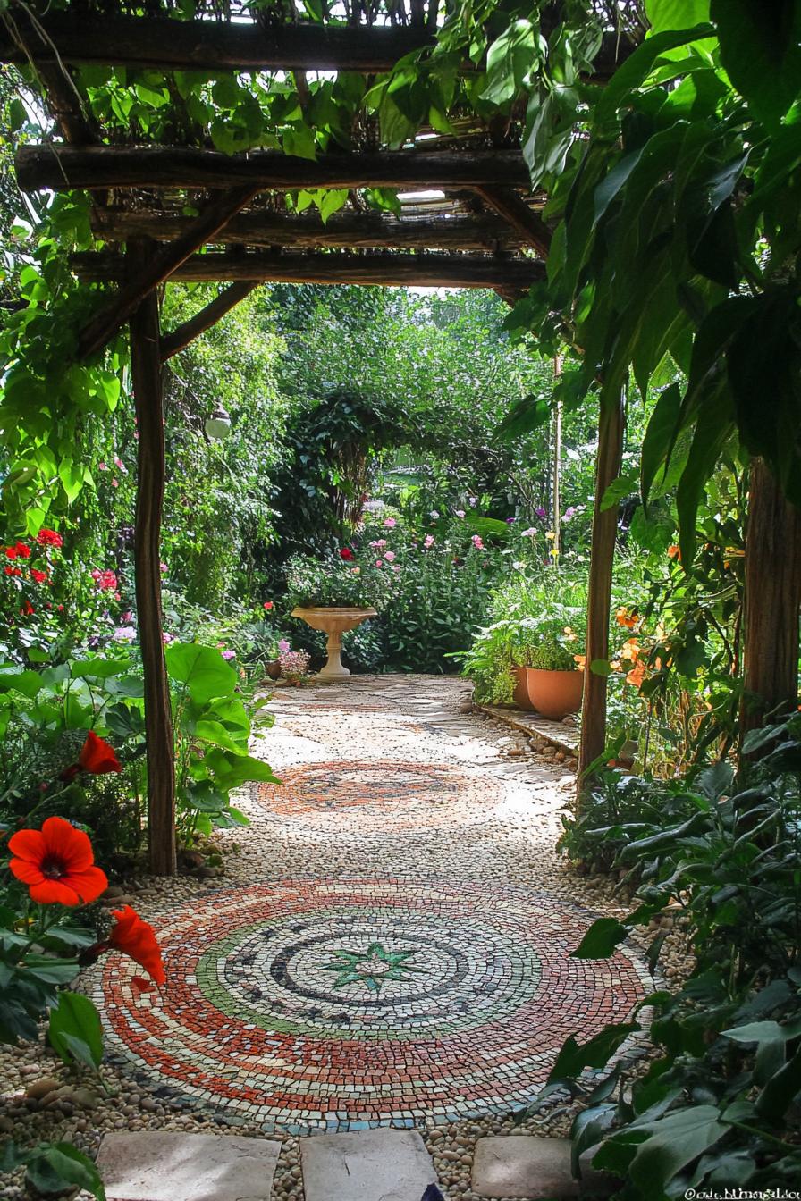 patio garden with mosaic path