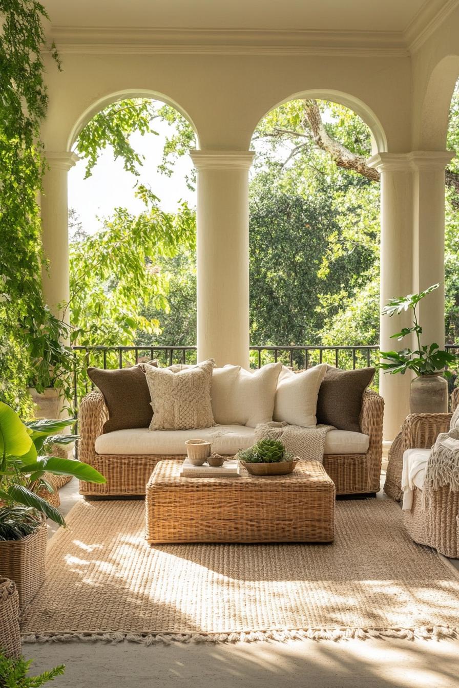 porch with columns woven furniture area rug plants 2